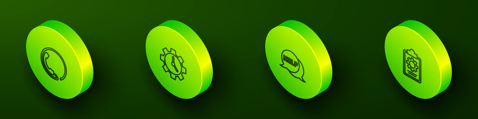 Set Isometric line Telephone 24 hours support, Time Management, Speech bubble with text Help and Checklist service icon. Vector