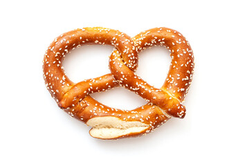 Natural handmade pretzel isolated on white. Traditional Bavarian pretzel for Oktoberfest and as snack for beer, top view - obrazy, fototapety, plakaty
