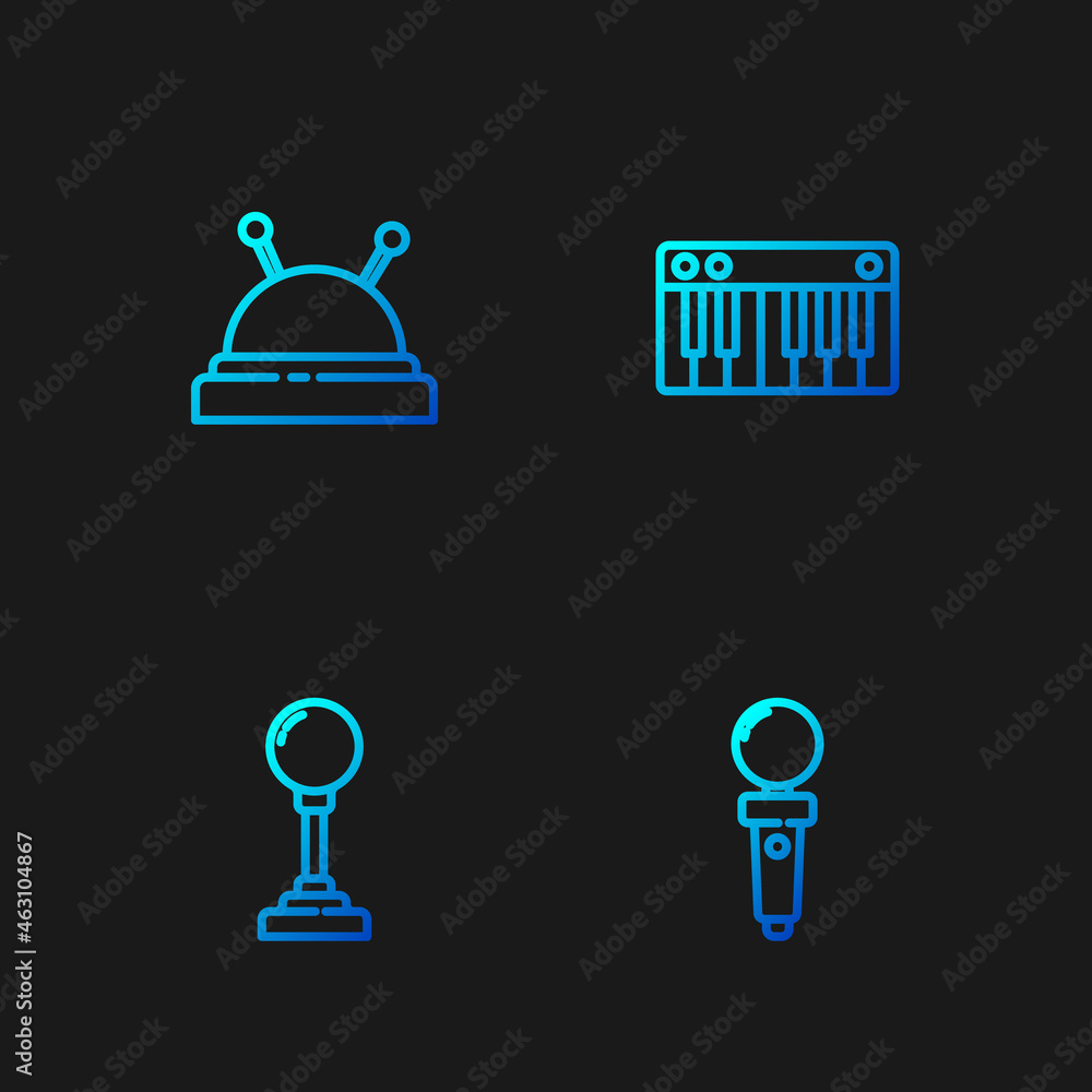 Sticker Set line Joystick for arcade machine, , Needle bed and needles and Music synthesizer. Gradient color icons. Vector