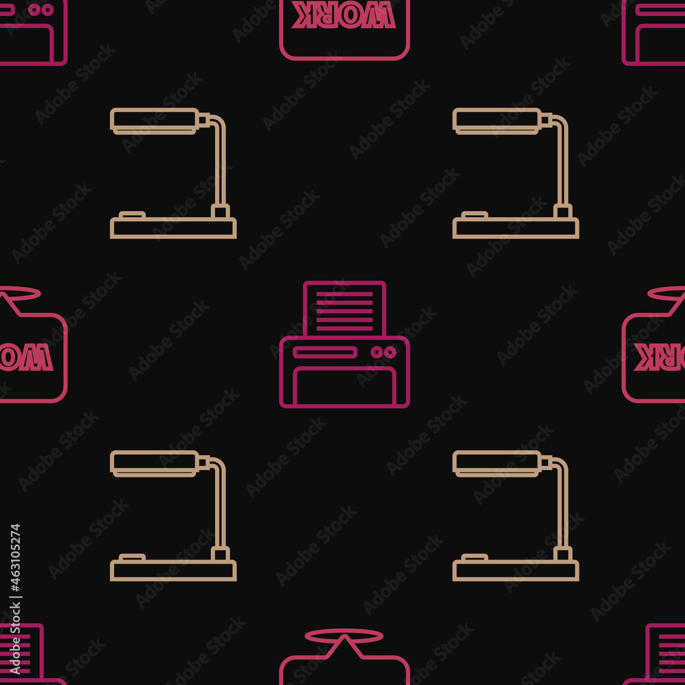 Poster set line location with text work, table lamp and printer on seamless pattern. vector