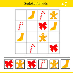 Sudoku for kids with winter holiday elements. Educational game for children. Vector illustration