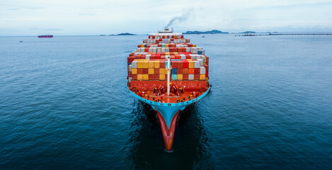 Aerial in front of cargo ship carrying container and running for export  goods  from  cargo yard...