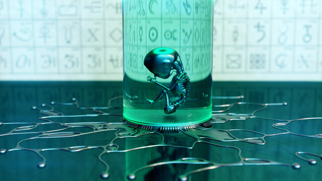 Humunkulus: AI Cyborg Embryo Pr&auml;parat im Glas | Kybernetik / Transhumanismus / Alchemie Konzept Art [3D Render Illustration]