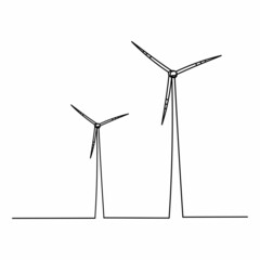 Continuous one single line of a two wind mills modern ecology concept in silhouette on a white background. Linear stylized.