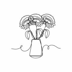 Continuous one single line flowers in vase ecology concept in silhouette on a white background. Linear stylized.