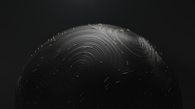 3d render golden ball with circular topographic animated lines and particles on black background