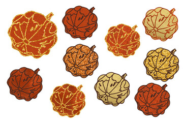 Textured pumpkins with glitter outline. Autumn clip art set on white background