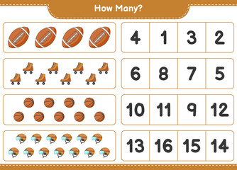 Obraz premium Counting game, how many Hockey Helmet, Roller Skate, Basketball, and Soccer Ball. Educational children game, printable worksheet, vector illustration