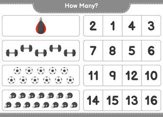 Counting game, how many Soccer Ball, Football Helmet, Dumbbell, and Punching Bag. Educational children game, printable worksheet, vector illustration