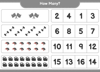 Counting game, how many Dumbbell, Racing Flags, and Bicycle Helmet. Educational children game, printable worksheet, vector illustration