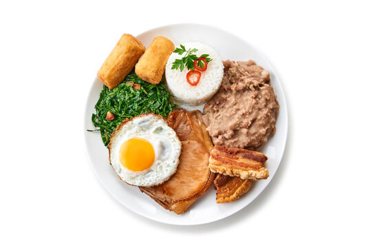 Prato executivo Tutu a Paulista, bisteca de porco, torresmo, couve refogada, bananas fritas, arroz e tutu de feij&atilde;o, visto de cima