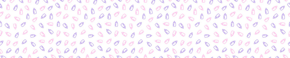 Seamless pattern with pink and purple baby bottles