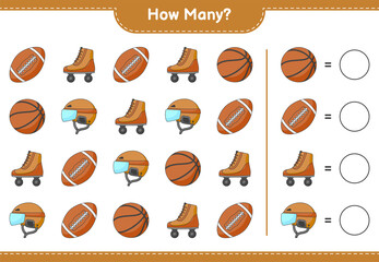 Counting game, how many Hockey Helmet, Roller Skate, Basketball, and Soccer Ball. Educational children game, printable worksheet, vector illustration