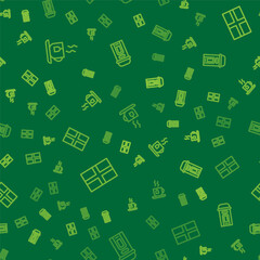 Set line Cup of tea with tea bag, Flag England and London phone booth on seamless pattern. Vector