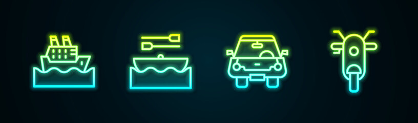 Set line Cruise ship, Boat with oars, Car and Scooter. Glowing neon icon. Vector