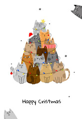 Christmas tree with cats. Doodle cartoon style.
