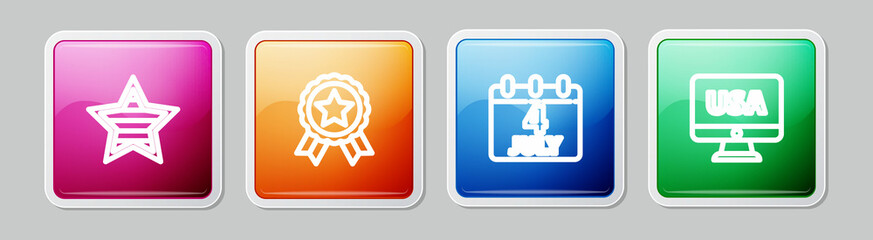 Set line USA Independence day, Medal with star, Calendar date July 4 and on monitor. Colorful square button. Vector