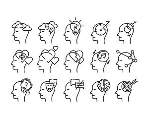 Obraz premium set of human mind icons in outline thin style. the mental health psychology attribute design. simple and modern logo vector illustration.