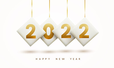 Happy New Year poster. Golden 3D numbers on white background. Gold 2022 holiday greeting card design template