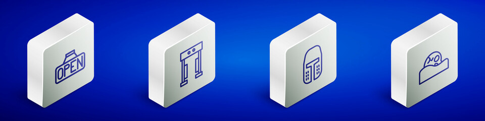 Set Isometric line Hanging sign with Open, Metal detector, Medieval iron helmet and Human skull icon. Vector