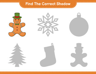 Find the correct shadow. Find and match the correct shadow of Gingerbread Man. Educational children game, printable worksheet, vector illustration