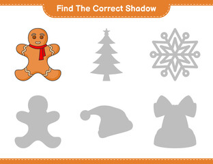 Find the correct shadow. Find and match the correct shadow of Gingerbread Man. Educational children game, printable worksheet, vector illustration