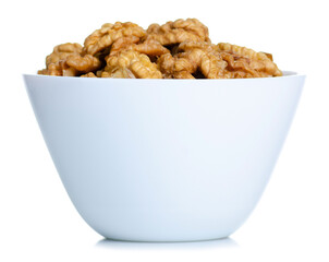 White bowl with walnuts healthy food on white background isolation