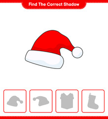 Find the correct shadow. Find and match the correct shadow of Santa Hat. Educational children game, printable worksheet, vector illustration