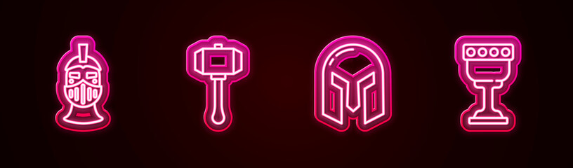 Set line Medieval iron helmet, Hammer, and goblet. Glowing neon icon. Vector
