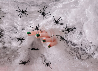 A woman's hand with green nails trapped in a spider web with spiders all around. Horror Halloween creative concept. Spooky background or creative design.