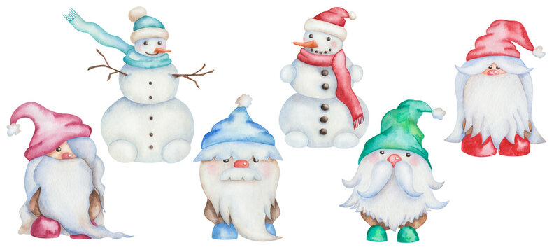 Watercolor illustration hand painted snowmen, gnome dwarfs with long beard, hair, hats. Cartoon clip art snow characters for holiday celebration New Year, Christmas design postcard, greetings, fabric