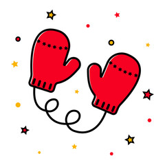 Color icon of knitted winter mittens, gloves. Warm clothes, accessories. Red mittens, doodle. Vector illustration isolated on white background