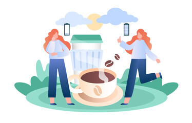 Girls drinking coffee. Delicious hot drink concept. Girlfriends rest during lunch break. Caffeine addicted person charging battery. Cartoon flat vector illustration isolated on white background