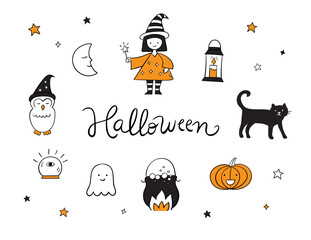 Halloween elements in black and orange, featuring costumes, a witch, a magic wand, a cat, a pumpkin, a moon, a cauldron, a ghost, an owl, a lantern, a magic ball, and stars