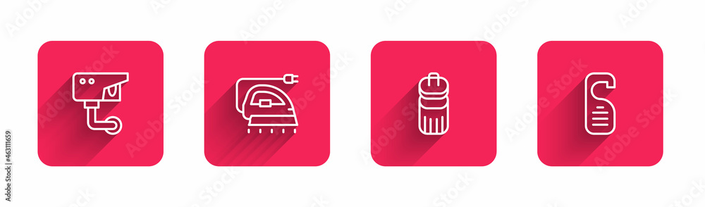 Poster set line security camera, electric iron, trash can and please do not disturb with long shadow. red s