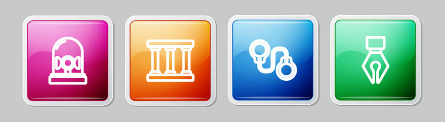 Set line Flasher siren, Prison window, Handcuffs and Fountain pen nib. Colorful square button. Vector