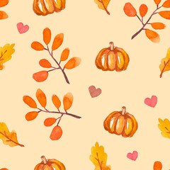 Seamless pattern with autumn leaves. pumpkins, ladybug and hearts on a white background. Autumn patern with dry leaves hand-drawn in watercolor.