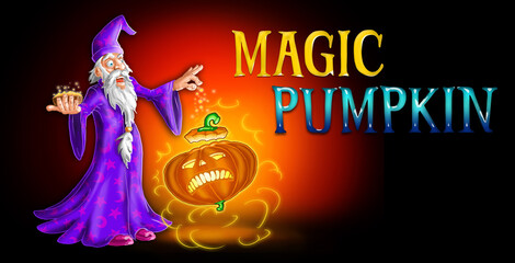 warlock enchanting a pumpkin on Halloween. art performed in cartoon style