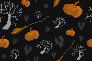 Seamless pattern happy halloween party. Endless background with pumpkin, black bat, gray tree, witch's broom. Hand drawing vector clip art graphic elements for creative design, printable decor.