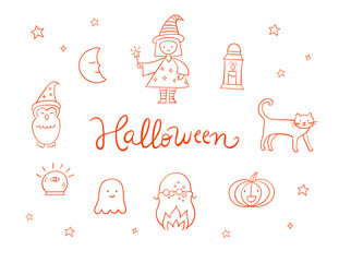 Halloween elements in orange outline, featuring costumes, a witch, a magic wand, a cat, a pumpkin, a moon, a cauldron, a ghost, an owl, a lantern, a magic ball, and stars