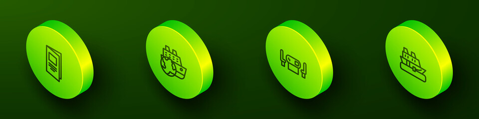 Set Isometric line Brochure, Cruise ship, Poker table and icon. Vector