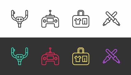 Set line Aircraft steering helm, Drone remote control, Suitcase and Marshalling wands on black and white. Vector