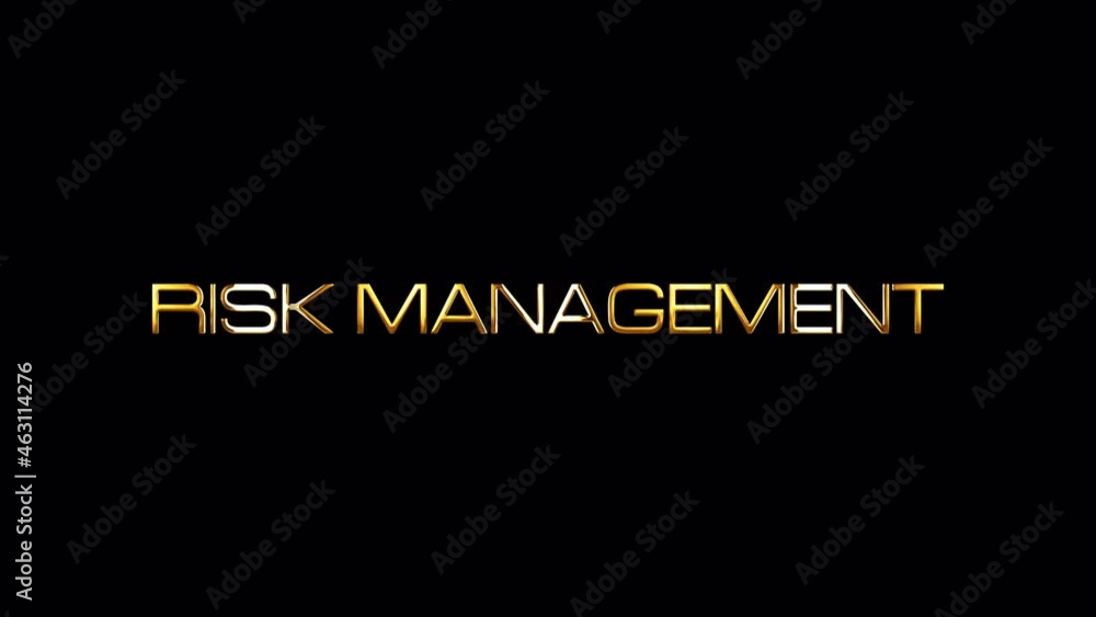 Poster risk management gold text with glitch effect loop title on black background. 4k 3d seamless loop ris