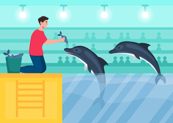 Employee feeds dolphins. Man gives fish to trained killer whales. Show at dolphinarium. People look at performance of animals. Cartoon modern flat vector illustration isolated on light background