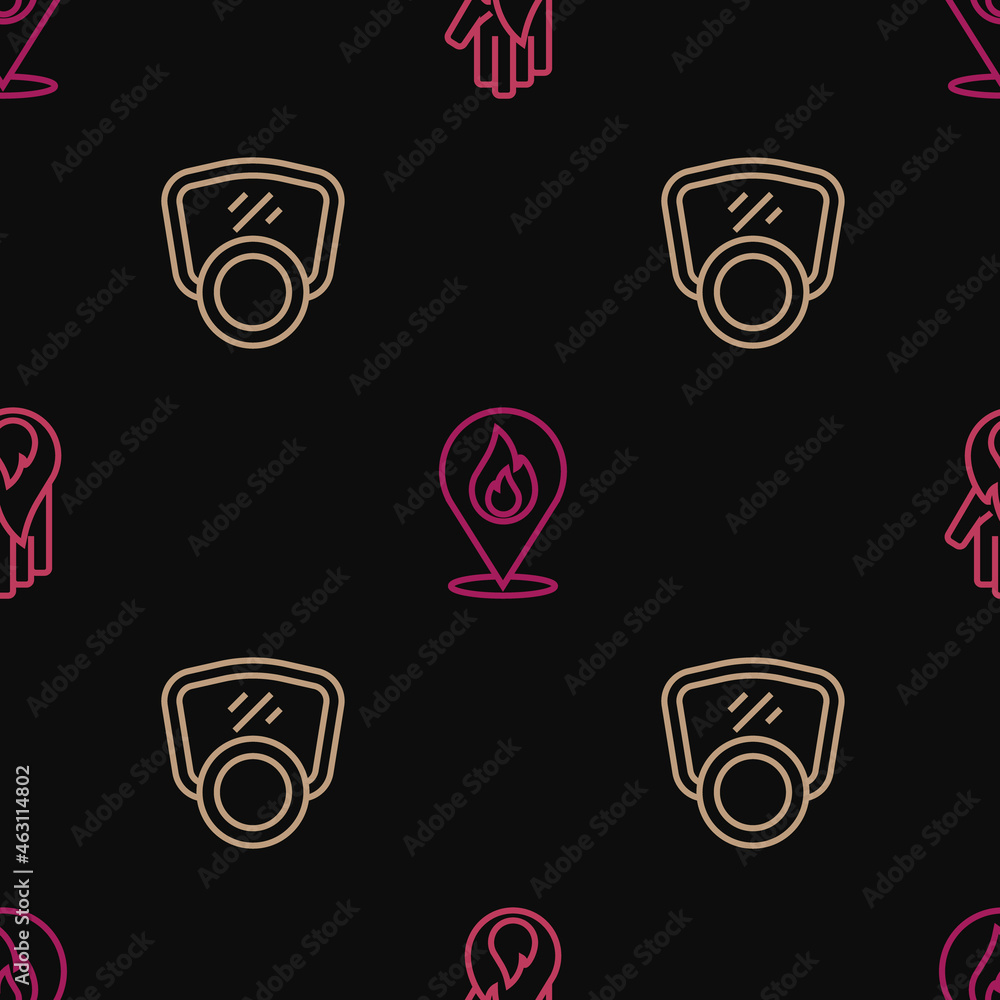 Poster set line no fire, gas mask and location with flame on seamless pattern. vector