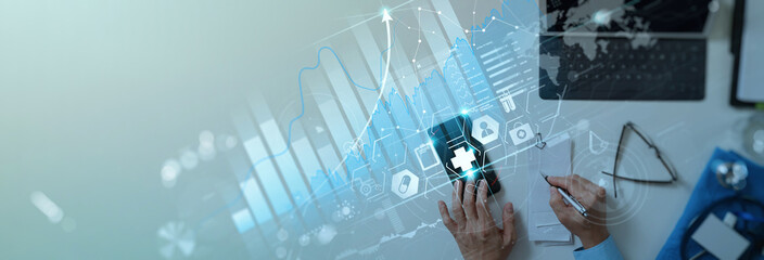 Healthcare and Medical business vitual graph data and growth with Medical examination and doctor...