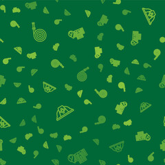 Set line Fire hose reel, Firefighter helmet and in burning buildings on seamless pattern. Vector