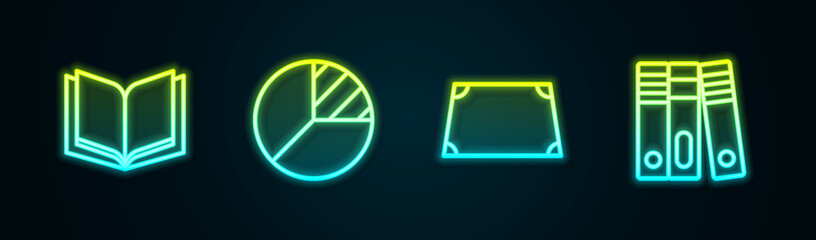 Set line Open book, Pie chart infographic, Acute trapezoid shape and Office folders. Glowing neon icon. Vector