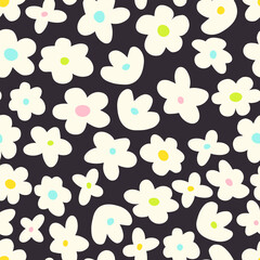 Colorful seamless pattern with little flowers. Cute groovy elements, fun modern illustration, midcentury art
