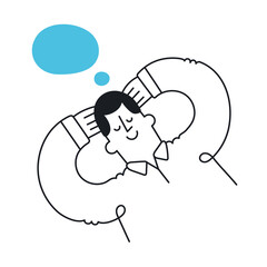 Happy businessman resting and dreaming. Outline, linear, thin line, doodle art. Simple style with editable stroke.